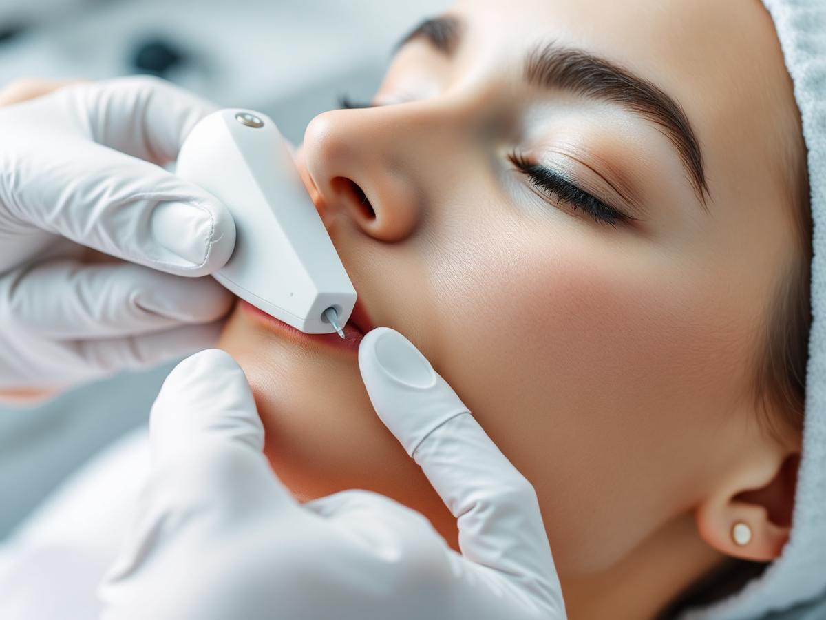 Aparat de lifting facial folosit pe conturul obrazului și maxilarului unei cliente