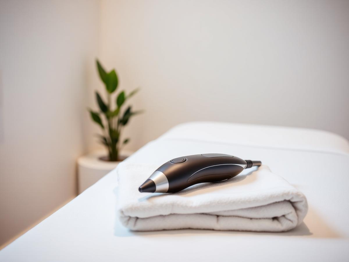 Aparat modern de remodelare corporală așezat pe un prosop alb într-o cabină de tratament
