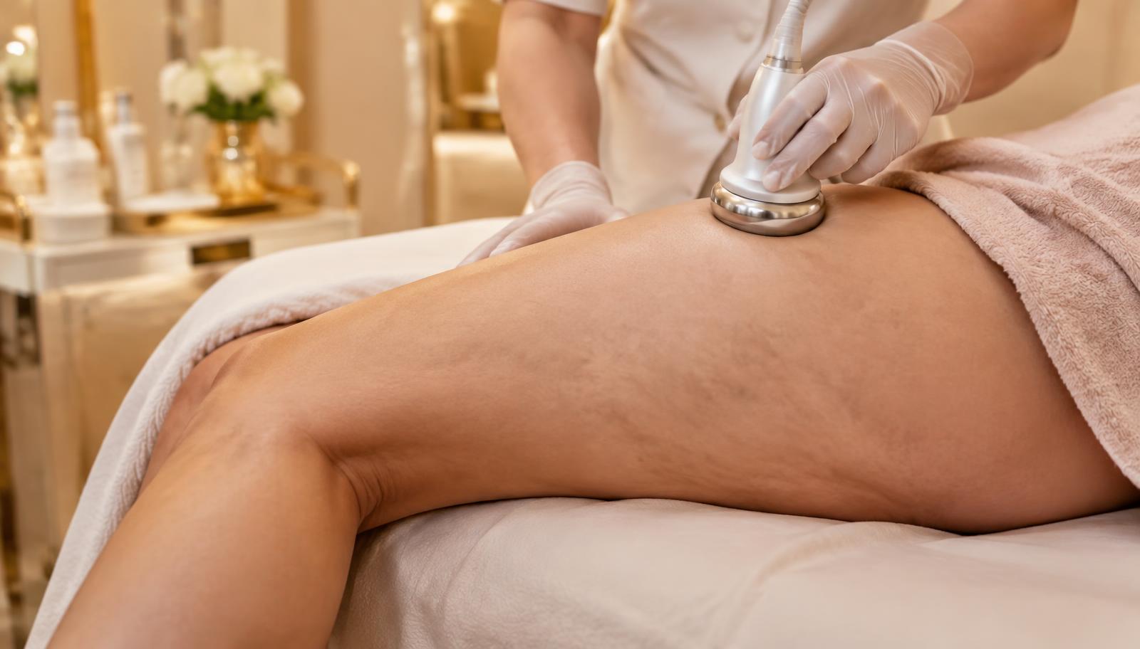 Tratament profesional aplicat pe zona coapsei, cu textura naturală a pielii vizibilă