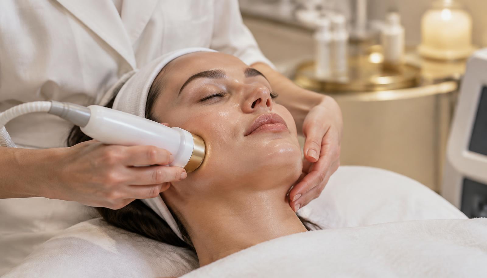 Aparat portabil de lifting facial non-invaziv folosit pe obrazul și conturul maxilarului unei cliente
