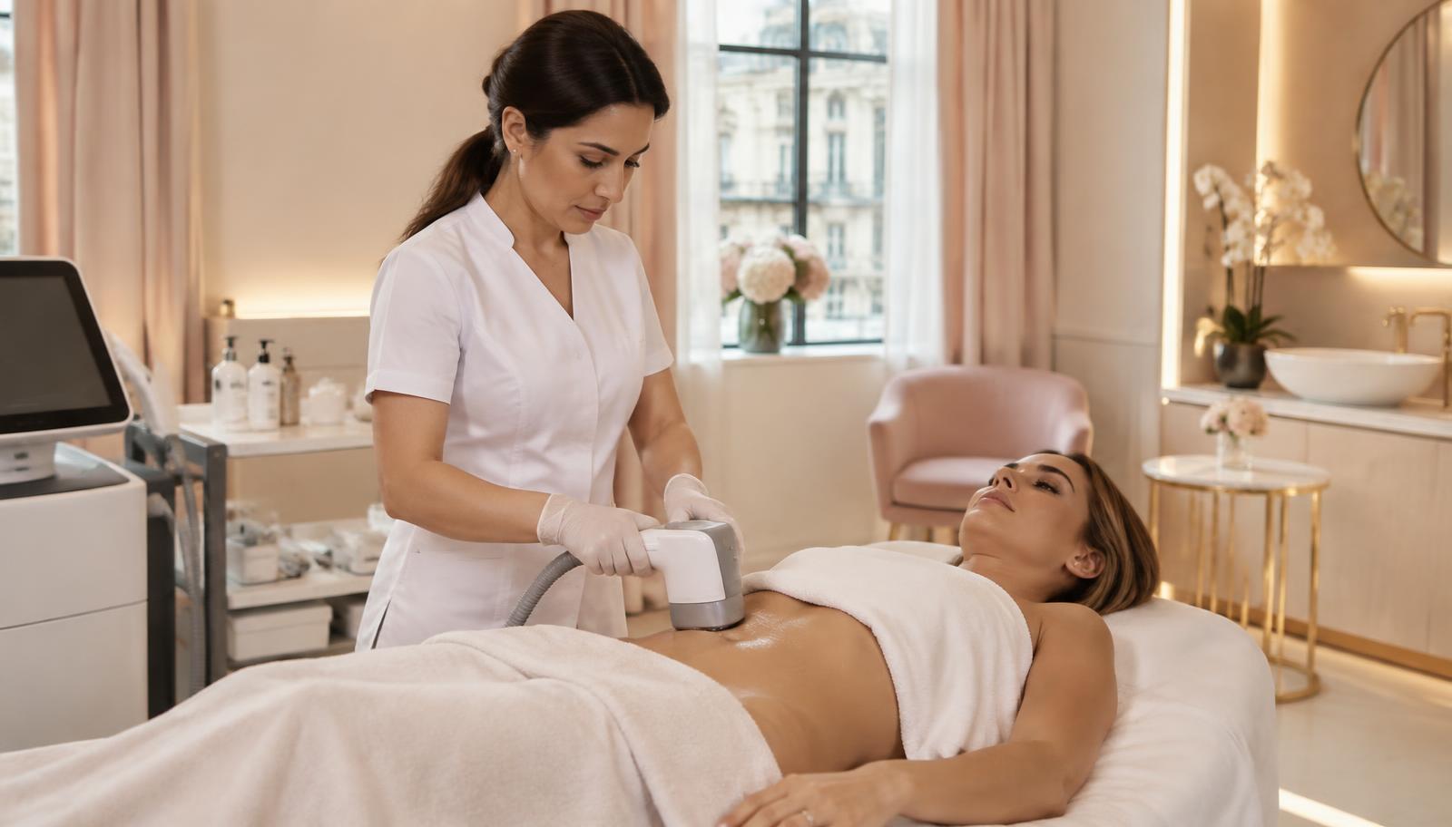 Specialistă NAYAZ realizând un tratament non-invaziv de remodelare corporală pe zona abdominală, într-o cabină elegantă