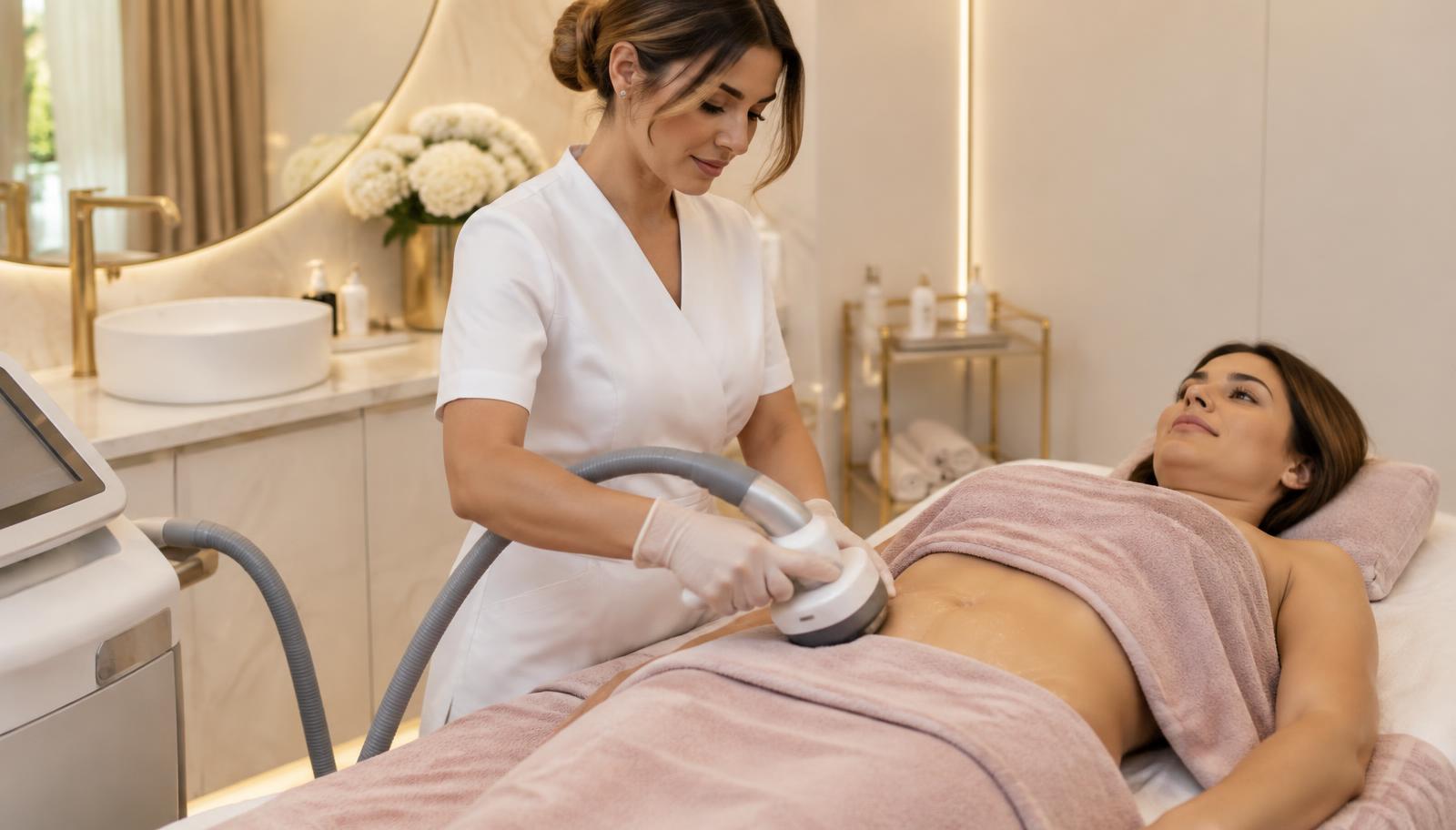 Prima ședință de remodelare abdominală: aplicatorul profesional este trecut pe abdomenul clientei